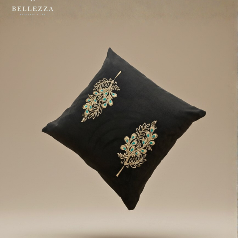 leaf whirl velvet embroidered cushion cover